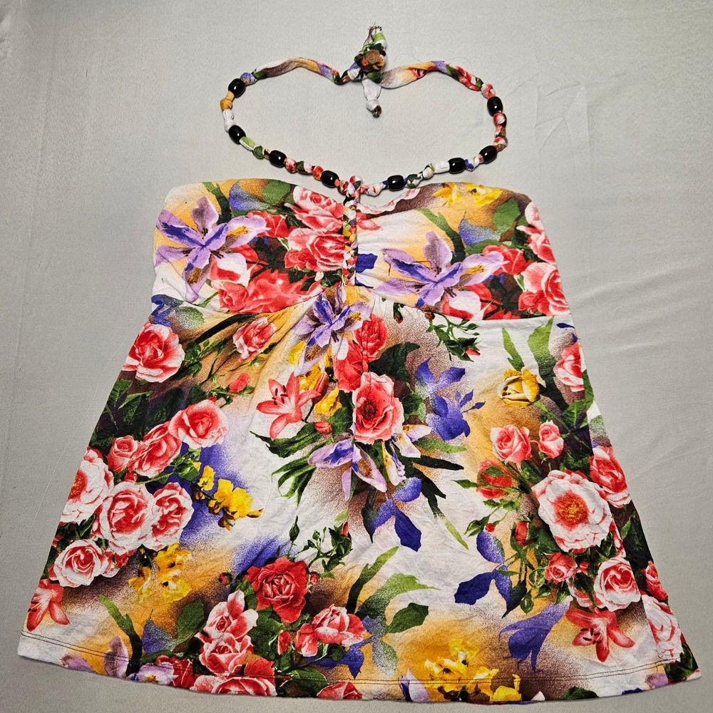 No Boundaries Halter Top Womens XL Fuchsia Floral Beaded Ruched Y2K NJ22037S